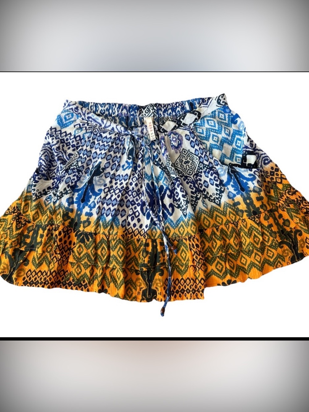 NEW RAGA x Anthropologie Printed Mini Skirt tiered blue orange sz XS